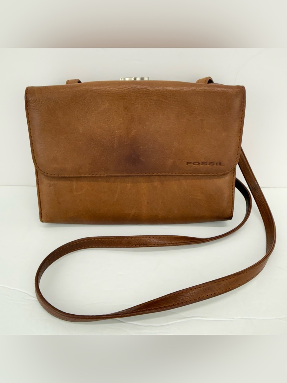 Vintage Fossil Brown Leather Kisslock Crossbody Organizer Shoulder Bag